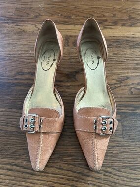 Prada tan calf skin d’Orsay mules/shoes,